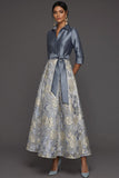 Dusty Blue A Line Floral Jacquard Collar Neck Long Formal Dress with Sleeves