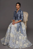 Dusty Blue A Line Floral Jacquard Collar Neck Long Formal Dress with Sleeves