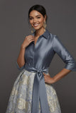 Dusty Blue A Line Floral Jacquard Collar Neck Long Formal Dress with Sleeves