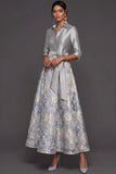 Dusty Blue A Line Floral Jacquard Collar Neck Long Formal Dress with Sleeves