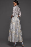 Dusty Blue A Line Floral Jacquard Collar Neck Long Formal Dress with Sleeves