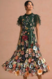 Dark Green Appliqued Floral Ruffled A Line Long Formal Dress