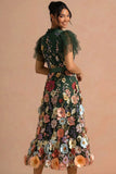 Dark Green Appliqued Floral Ruffled A Line Long Formal Dress