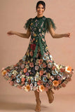 Dark Green Appliqued Floral Ruffled A Line Long Formal Dress