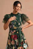 Dark Green Appliqued Floral Ruffled A Line Long Formal Dress