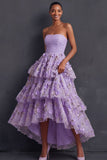 Ball Gown Floral Lilac Strapless Appliqued High Low Formal Dress