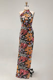 Sparkly Beaded Mermaid Floral Black Halter Neck Long Wedding Guest Dress with Slit