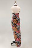 Sparkly Beaded Mermaid Floral Black Halter Neck Long Wedding Guest Dress with Slit