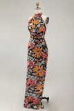 Sparkly Beaded Mermaid Floral Black Halter Neck Long Wedding Guest Dress with Slit