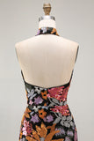 Sparkly Beaded Mermaid Floral Black Halter Neck Long Wedding Guest Dress with Slit