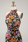 Sparkly Beaded Mermaid Floral Black Halter Neck Long Wedding Guest Dress with Slit