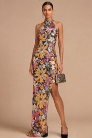 Sparkly Beaded Mermaid Floral Black Halter Neck Long Wedding Guest Dress with Slit