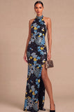 Sparkly Beaded Mermaid Floral Black Halter Neck Long Wedding Guest Dress with Slit