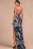 Sparkly Beaded Mermaid Floral Black Halter Neck Long Wedding Guest Dress with Slit