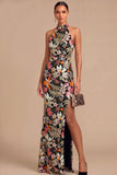 Sparkly Beaded Mermaid Floral Black Halter Neck Long Wedding Guest Dress with Slit