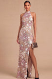 Sparkly Beaded Mermaid Floral Black Halter Neck Long Wedding Guest Dress with Slit
