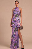 Sparkly Beaded Mermaid Floral Black Halter Neck Long Wedding Guest Dress with Slit