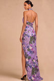 Sparkly Beaded Mermaid Floral Black Halter Neck Long Wedding Guest Dress with Slit