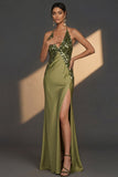 Olive Sparkly Sequined Mermaid Halter Neck Satin Long Wedding Guest Dress with Slit