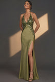 Olive Sparkly Sequined Mermaid Halter Neck Satin Long Wedding Guest Dress with Slit
