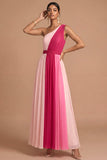 A Line Pink One Shoulder Pleated Sleeveless Midi Wedding Guest Dress