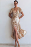 Sparkly Sequined Champagne A Line V Neck Long Formal Dress