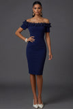 Navy Off the Shoulder Ruffled Bodycon Short Formal Dress