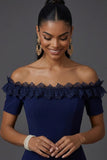 Navy Off the Shoulder Ruffled Bodycon Short Formal Dress