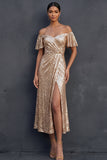 Champagne Sparkly Sequined A Line Off the Shoulder Midi Formal Dress with Slit