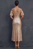 Champagne Sparkly Sequined A Line Off the Shoulder Midi Formal Dress with Slit