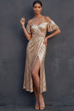 Champagne Sparkly Sequined A Line Off the Shoulder Midi Formal Dress with Slit