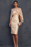 Champagne Sheath Strapless Backless Midi Wedding Guest Dress with Cape