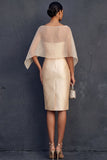 Champagne Sheath Strapless Backless Midi Wedding Guest Dress with Cape