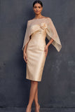 Champagne Sheath Strapless Backless Midi Wedding Guest Dress with Cape