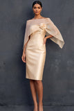 Champagne Sheath Strapless Backless Midi Wedding Guest Dress with Cape