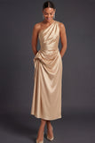 Champagne Sheath Ruched One Shoulder Midi Formal Dress with Cape