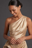 Champagne Sheath Ruched One Shoulder Midi Formal Dress with Cape