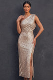 Sparkly Sequined Champagne Sheath One Shoulder Midi Wedding Guest Dress