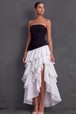 Black Strapless A Line Ruffled Tiered Midi Wedding Guest Dress with Slit