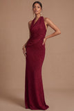 Burgundy Mermaid Halter Neck Ruched Long Wedding Guest Dress