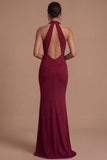 Burgundy Mermaid Halter Neck Ruched Long Wedding Guest Dress