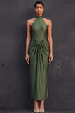 Olive Halter Neck Ruched Sheath High Waist Midi Wedding Guest Dress