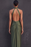 Olive Halter Neck Ruched Sheath High Waist Midi Wedding Guest Dress