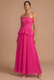 Raspberry Strapless Pleated A Line Long Formal Dress with Ruffles
