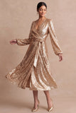 Sparkly Champagne Long Sleeves V Neck Sheath Midi Wedding Guest Dress