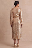 Sparkly Champagne Long Sleeves V Neck Sheath Midi Wedding Guest Dress