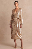 Sparkly Champagne Long Sleeves V Neck Sheath Midi Wedding Guest Dress