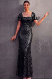 English Rose Sparkly Sequined Sheath Square Neck Long Wedding Guest Dress
