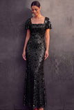 English Rose Sparkly Sequined Sheath Square Neck Long Wedding Guest Dress