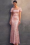 English Rose Sparkly Sequined Sheath Square Neck Long Wedding Guest Dress